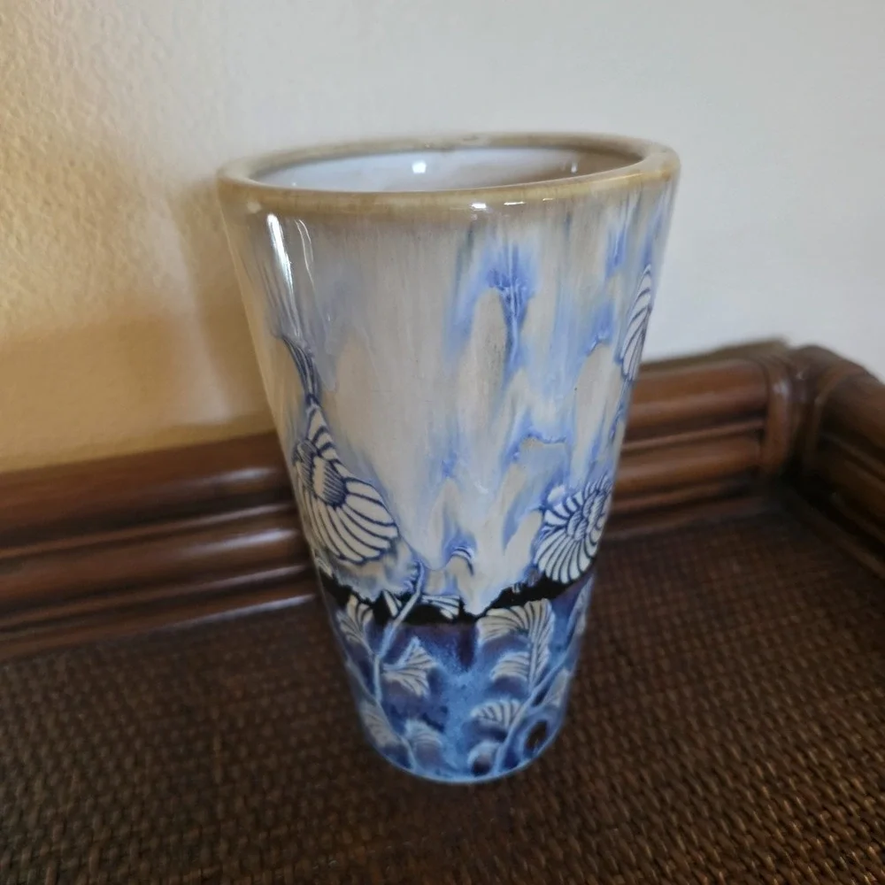 Studio Art Pottery Vase Blue White Floral Seashell Coastal Beach Drip Glaze 8